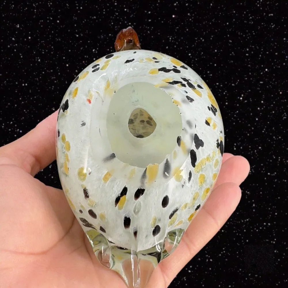 Hollow Owl Bird Art Glass Paperweight Figurine White With‎ Dots Amber Eyes Glass